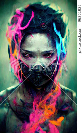 Portrait of a girl in a futuristic cyberpunk style in neon clothes. A high-tech man from the future. The concept of virtual reality and cyberpunk. Perfect for phone wallpaper or for posters. Portrait of a girl in a futuristic cyberpunk style in neon clothes. A high-tech man from the future. The concept of virtual reality and cyberpunk. Perfect for phone wallpaper or for posters. 96261925
