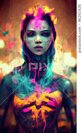 Portrait of a girl in a futuristic cyberpunk style in neon clothes. A high-tech man from the future. The concept of virtual reality and cyberpunk. Perfect for phone wallpaper or for posters. Portrait of a girl in a futuristic cyberpunk style in neon clothes. A high-tech man from the future. The concept of virtual reality and cyberpunk. Perfect for phone wallpaper or for posters. 96261926