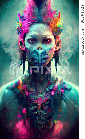 Portrait of a girl in a futuristic cyberpunk style in neon clothes. A high-tech man from the future. The concept of virtual reality and cyberpunk. Perfect for phone wallpaper or for posters. Portrait of a girl in a futuristic cyberpunk style in neon clothes. A high-tech man from the future. The concept of virtual reality and cyberpunk. Perfect for phone wallpaper or for posters. 96261928