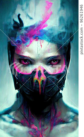 Portrait of a girl in a futuristic cyberpunk style in neon clothes. A high-tech man from the future. The concept of virtual reality and cyberpunk. Perfect for phone wallpaper or for posters. Portrait of a girl in a futuristic cyberpunk style in neon clothes. A high-tech man from the future. The concept of virtual reality and cyberpunk. Perfect for phone wallpaper or for posters. 96261946