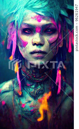 Portrait of a girl in a futuristic cyberpunk style in neon clothes. A high-tech man from the future. The concept of virtual reality and cyberpunk. Perfect for phone wallpaper or for posters. 96261947