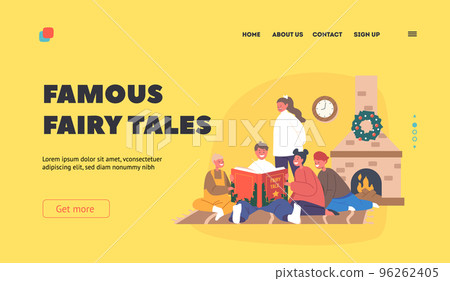 Famous Fairy Tales Landing Page Template. Happy Kids Reading Stories at Christmas Eve. Happy Boys and Girls with Book 96262405