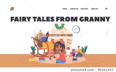 Fairy Tales from Granny Landing Page Template. Grandma Sitting on Rocking Chair Read Book to Little Girls and Boys Fairy Tales from Granny Landing Page Template. Grandma Sitting on Rocking Chair Read Book to Little Girls and Boys 96262443