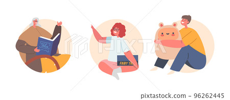 Grandmother Reading Book to Kids Isolated Round Icons or Avatars. Granny with Book Sitting on Chair Vector Illustration Grandmother Reading Book to Kids Isolated Round Icons or Avatars. Granny with Book Sitting on Chair Vector Illustration 96262445