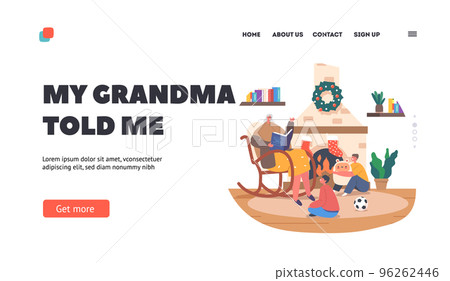 Magic Festive Night Landing Page Template. Granny Reading Christmas Stories and Fairy Tales to Kids Sitting at Chair 96262446