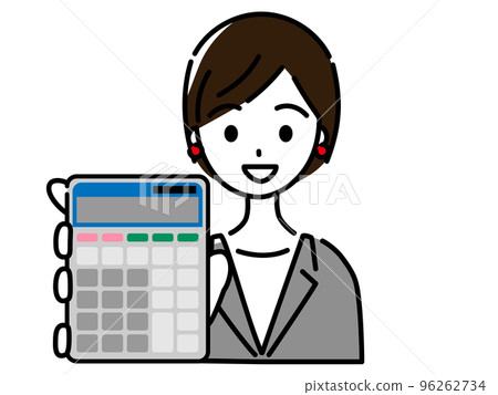 A smiling woman in a suit showing a calculator 96262734