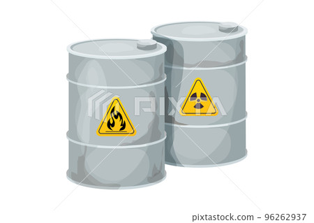 Set Metal gray old barrel flammable, dangerous sign in cartoon style isolated on white background. Set Metal gray old barrel flammable, dangerous sign in cartoon style isolated on white background. 96262937