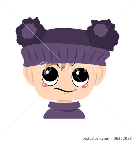 Avatar of a child with big eyes and a wide happy smile in a violet hat with a pom pom. Head of a toddler with a joyful face Avatar of a child with big eyes and a wide happy smile in a violet hat with a pom pom. Head of a toddler with a joyful face 96262988