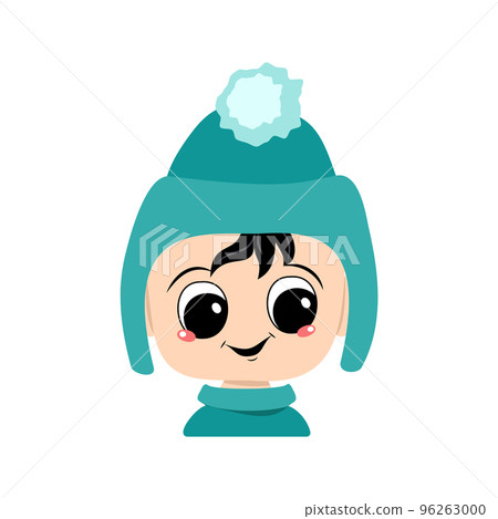 Head of adorable baby with happy emotions. Avatar of a child with big eyes and a wide smile in a blue hat with a pompom. A cute kid with a joyful face in an autumnal or winter headdress Head of adorable baby with happy emotions. Avatar of a child with big eyes and a wide smile in a blue hat with a pompom. A cute kid with a joyful face in an autumnal or winter headdress 96263000