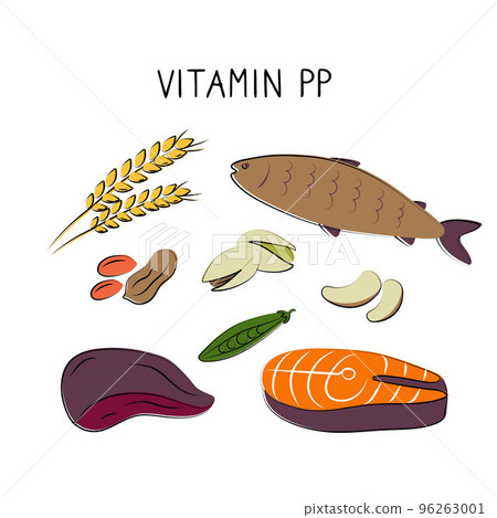 Vitamin B3 Niacinamide Vitamin PP niacin Nicotinamide. Groups of healthy products containing vitamins. Set of fruits, vegetables, meats, fish and dairy Vitamin B3 Niacinamide Vitamin PP niacin Nicotinamide. Groups of healthy products containing vitamins. Set of fruits, vegetables, meats, fish and dairy 96263001
