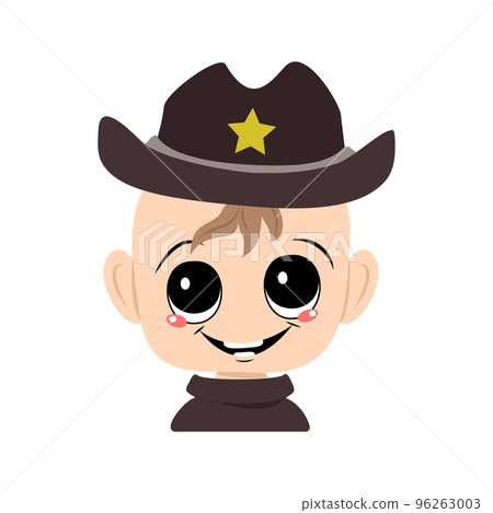 Avatar of a child with big eyes and a wide smile in a sheriff hat with a yellow star. Cute kid with a joyful face in a carnival costume. Head of adorable baby with happy emotions Avatar of a child with big eyes and a wide smile in a sheriff hat with a yellow star. Cute kid with a joyful face in a carnival costume. Head of adorable baby with happy emotions 96263003