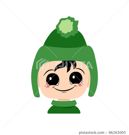 Head of adorable baby with happy emotions. Avatar of a child with big eyes and a wide smile in a green hat with a pompom. A cute kid with a joyful face in an autumnal or winter headdress Head of adorable baby with happy emotions. Avatar of a child with big eyes and a wide smile in a green hat with a pompom. A cute kid with a joyful face in an autumnal or winter headdress 96263005