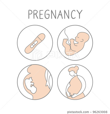 Pregnancy icon set. Linear simple illustration fertilization and childbirth. Motherhood signs. Vector 96263008