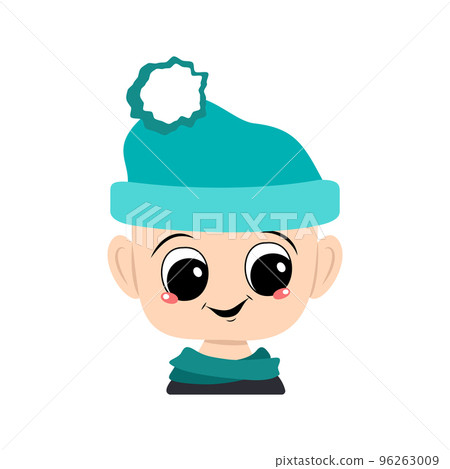 Avatar of a child with big eyes and a wide happy smile in a blue hat with a pompom. Head of a toddler with a joyful face Avatar of a child with big eyes and a wide happy smile in a blue hat with a pompom. Head of a toddler with a joyful face 96263009