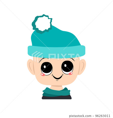 Avatar of a child with big eyes and a wide happy smile in a blue hat with a pompom. Head of a toddler with a joyful face 96263011