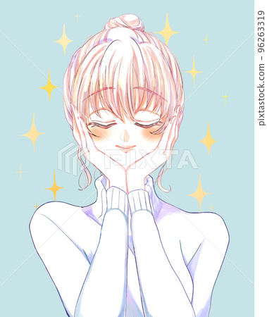 一個穿著毛衣的包頭女人閉上眼睛雙手放在臉上 一個穿著毛衣的包頭女人閉上眼睛雙手放在臉上 96263319