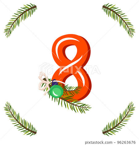 Red number eight with green Christmas tree branch, ball and bow. Festive figure for Happy New Year and bright alphabet Red number eight with green Christmas tree branch, ball and bow. Festive figure for Happy New Year and bright alphabet 96263676