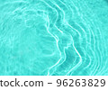 Realistic natural water wave overlay for background, blurred transparent blue color water surface texture with splashes and bubbles 96263829