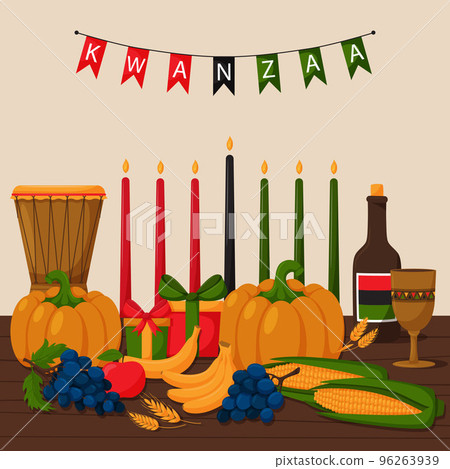 Kinara with traditional Kwanza candles, a festive concept with a gift box, pumpkin, wheat ears, grapes, banana, Unity cup and fruit basket. Cartoon vector illustration on a wooden table. 96263939