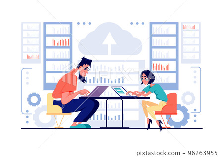 Data center concept in flat cartoon design. Man and woman working in server room, maintain hardware, administer, processing and monitor processes. Vector illustration with people scene for web 96263955