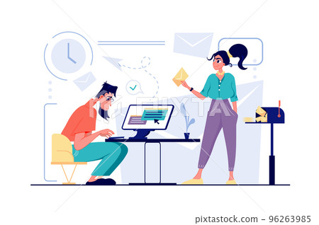 Email service concept in flat cartoon design. Man and woman send personal and business letters, making advertising mailing, messaging at app or program. Vector illustration with people scene for web Email service concept in flat cartoon design. Man and woman send personal and business letters, making advertising mailing, messaging at app or program. Vector illustration with people scene for web 96263985