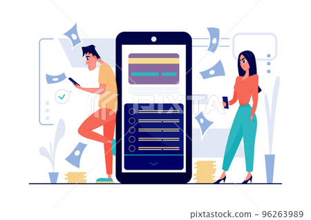 Mobile banking concept in flat cartoon design. Man and woman use bank service in smartphone app, make money transfers, exchange, transaction, payment. Vector illustration with people scene for web Mobile banking concept in flat cartoon design. Man and woman use bank service in smartphone app, make money transfers, exchange, transaction, payment. Vector illustration with people scene for web 96263989