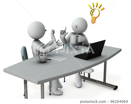 兩個商務人士聚集在一張會議桌前，在電腦前交談。建議和靈感的想法。 96264069