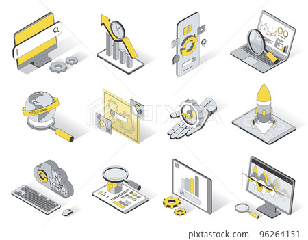 Seo optimization service concept 3d isometric icons set. Pack elements of search engine, growth traffic, analysis, settings, cloud computing and other. Vector illustration in modern isometry design 96264151