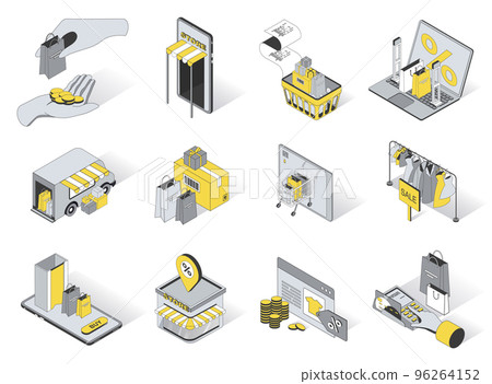 Retail service concept 3d isometric icons set. Pack elements of shopping, purchase, paying, store, discount, sale, bag, clothes, boutique and other. Vector illustration in modern isometry design 96264152