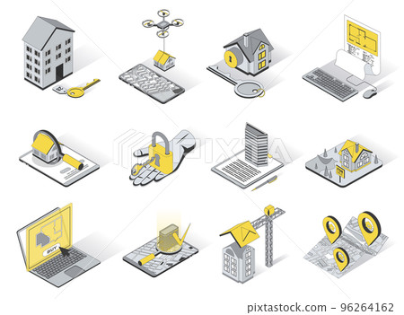 Real estate concept 3d isometric icons set. Pack elements of house, key, rent, sell, buy, blueprint, search, building, apartment, property and other. Vector illustration in modern isometry design Real estate concept 3d isometric icons set. Pack elements of house, key, rent, sell, buy, blueprint, search, building, apartment, property and other. Vector illustration in modern isometry design 96264162