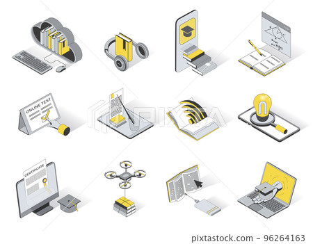 Online education concept 3d isometric icons set. Pack elements of ebook library, listening audio books, webinar, video lessons, exam test and other. Vector illustration in modern isometry design Online education concept 3d isometric icons set. Pack elements of ebook library, listening audio books, webinar, video lessons, exam test and other. Vector illustration in modern isometry design 96264163