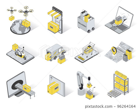 Delivery concept 3d isometric icons set. Pack elements of flying drone, global shipping, online shopping, tracking app, upload, warehouse and other. Vector illustration in modern isometry design Delivery concept 3d isometric icons set. Pack elements of flying drone, global shipping, online shopping, tracking app, upload, warehouse and other. Vector illustration in modern isometry design 96264164