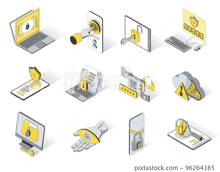Cyber security concept 3d isometric icons set. Pack elements of password, fingerprint scanner, padlock, profile, firewall, virus protection and other. Vector illustration in modern isometry design Cyber security concept 3d isometric icons set. Pack elements of password, fingerprint scanner, padlock, profile, firewall, virus protection and other. Vector illustration in modern isometry design 96264165