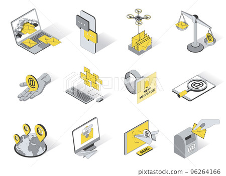 Contacts concept 3d isometric icons set. Pack elements of sending and receiving email, messaging app, online chatting, letters, notifications and other. Vector illustration in modern isometry design 96264166