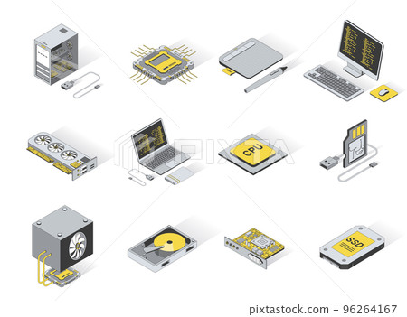 Computer elements concept 3d isometric icons set. Pack elements of laptop, processor, touchpad, keyboard, monitor, cpu, ssd, video card, gpu and other. Vector illustration in modern isometry design Computer elements concept 3d isometric icons set. Pack elements of laptop, processor, touchpad, keyboard, monitor, cpu, ssd, video card, gpu and other. Vector illustration in modern isometry design 96264167