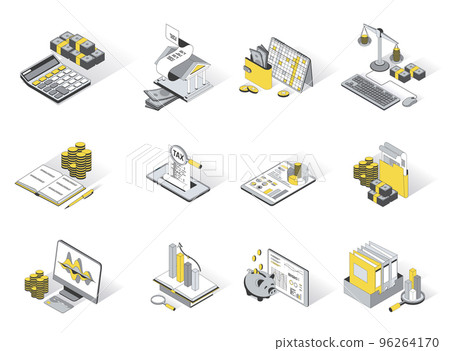 Accounting concept 3d isometric icons set. Pack elements of calculation of money balance, banking, tax payment, financial analysis, audit and other. Vector illustration in modern isometry design 96264170
