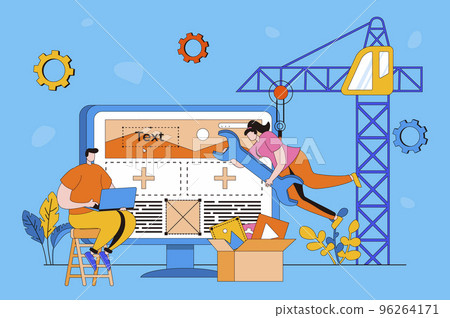 Web development web concept in flat 2d design. Man and woman create wireframe of site, places blocks, programming, filling layout and making user interface. Vector illustration with people scene 96264171