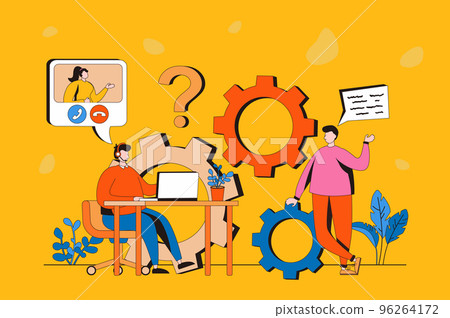 Technical support web concept in flat 2d design. Men consult clients and solve techn problems, helping clients and receive feedback. Online customer service. Vector illustration with people scene 96264172