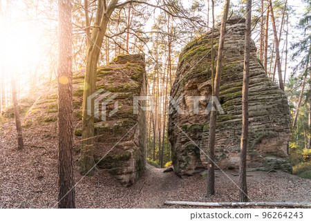 Narrow pass through sandstone rock formation at Chlum - Kozlov Castle Ruins, Bohemian Paradise, Czech Republic. Narrow pass through sandstone rock formation at Chlum - Kozlov Castle Ruins, Bohemian Paradise, Czech Republic. 96264243