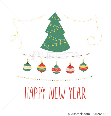 Cute and minimalistic Christmass card with Tree toys and fairy lights Cute and minimalistic Christmass card with Tree toys and fairy lights 96264688