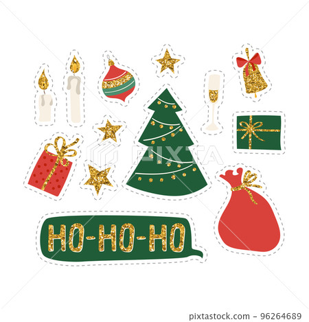 Christmass set of stickers with glitter candle, gift box and bell Christmass set of stickers with glitter candle, gift box and bell 96264689