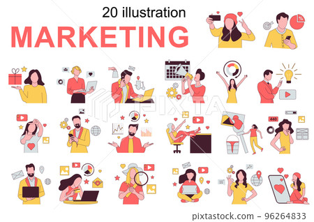 Marketing concept with people scenes set in flat design. Men and women create photo and video content, posting in social media, promote blogs. Vector illustration visual stories collection for web 96264833