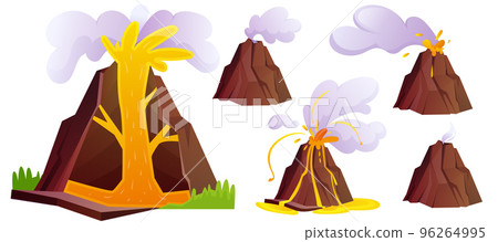 Cartoon volcanic eruption stages with ash, gases, hot lava and crater 96264995