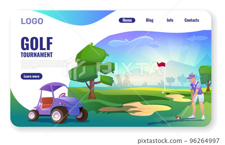 Landing page with golf course, player man and golf cart Landing page with golf course, player man and golf cart 96264997