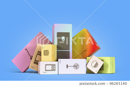different appliance boxes set on ground delivery concept 3d illustration on blue 96265140
