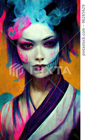 Generative AI double exposure of a gorgeous geisha and Mount Fuji with  peach flower and river. Beautiful face of Asian woman on white background,  image combined with nature, green mountains landscape 23482019