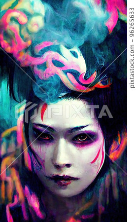 Portrait of a seductive geisha in an unusual neon style amidst clouds of smoke. Colorful and vivid image of a Japanese geisha. The concept of Japanese culture. Perfect for phone wallpaper and posters. Portrait of a seductive geisha in an unusual neon style amidst clouds of smoke. Colorful and vivid image of a Japanese geisha. The concept of Japanese culture. Perfect for phone wallpaper and posters. 96265633