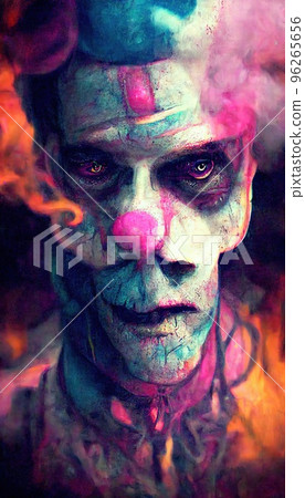 Portrait of a clown in an unusual neon style amid clouds of colorful smoke. Colorful and vivid image of a funny clown. Perfect for phone wallpaper or for posters. Portrait of a clown in an unusual neon style amid clouds of colorful smoke. Colorful and vivid image of a funny clown. Perfect for phone wallpaper or for posters. 96265656