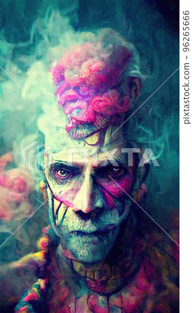 Portrait of a clown in an unusual neon style amid clouds of colorful smoke. Colorful and vivid image of a funny clown. Perfect for phone wallpaper or for posters. 96265666