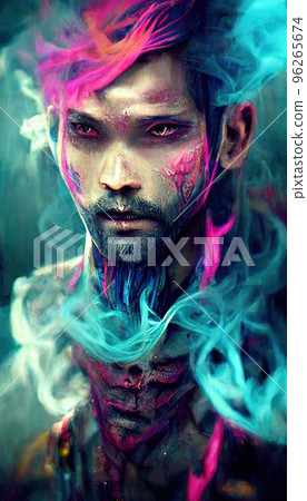 Portrait of a men in a futuristic cyberpunk style in neon clothes. A  high-tech man